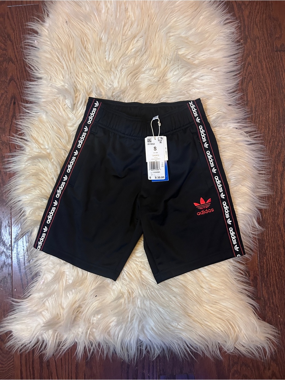 adidas Black Shorts with Red Logo and Side Tape